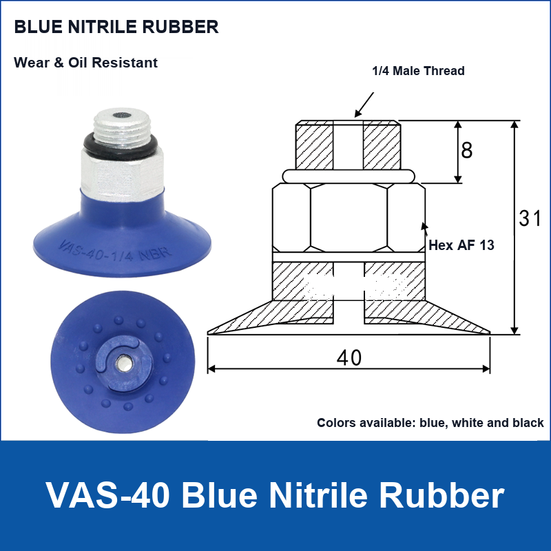 VAS-40 Blue Nitrile Rubber vacuum suction cup with technical dimensions