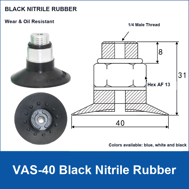 VAS-40 Black Nitrile Rubber vacuum suction cup with technical dimensions