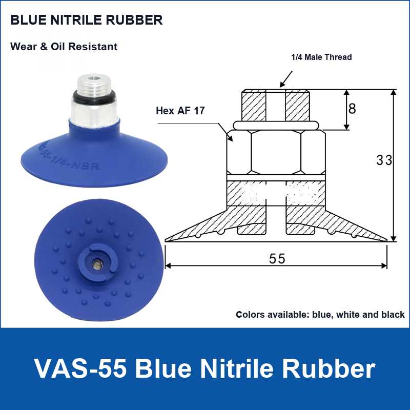 VAS-55 Blue Nitrile Rubber vacuum suction cup with technical dimensions