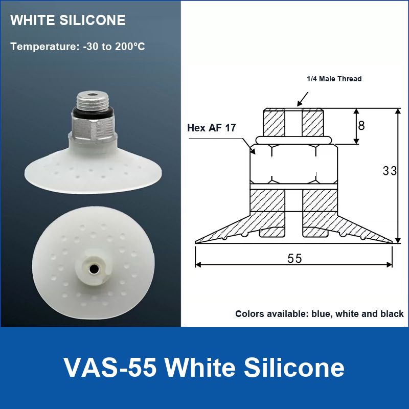VAS-55 White Silicone vacuum suction cup with technical dimensions