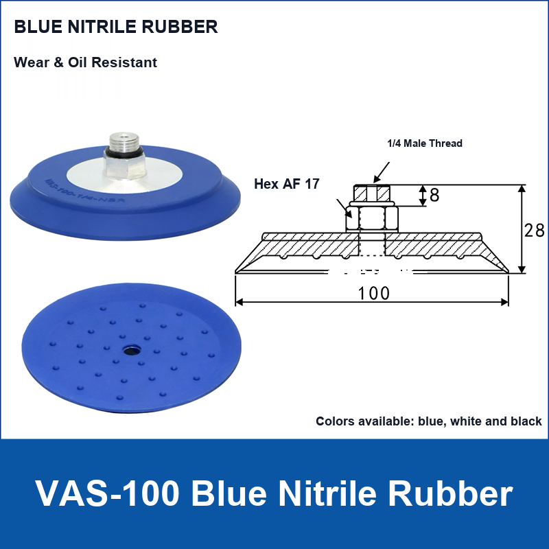 VAS-100 Blue Nitrile Rubber vacuum suction cup with technical dimensions