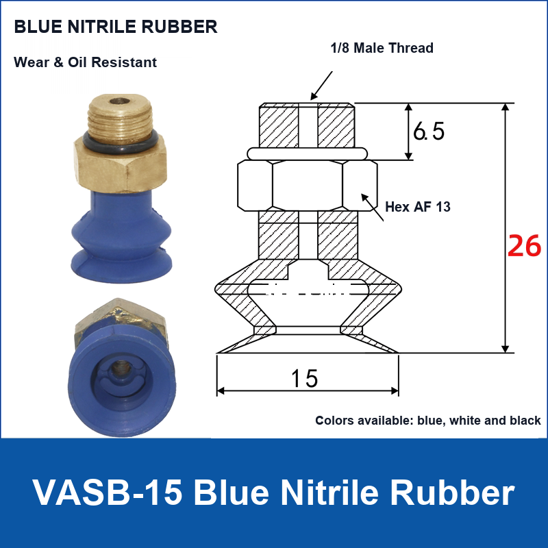 VASB-15 Blue Nitrile Rubber vacuum suction cup with technical dimensions