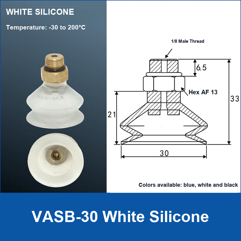 VASB-30 White Silicone vacuum suction cup with technical dimensions