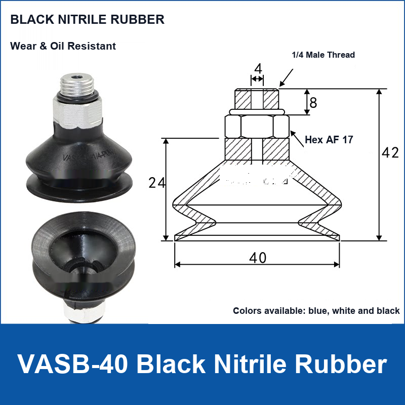 VASB-40 Black Nitrile Rubber vacuum suction cup with technical dimensions