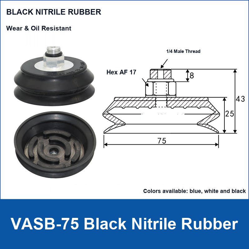 VASB-75 Black Nitrile Rubber vacuum suction cup with technical dimensions