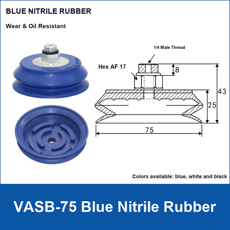 VASB-75 Blue Nitrile Rubber vacuum suction cup with technical dimensions
