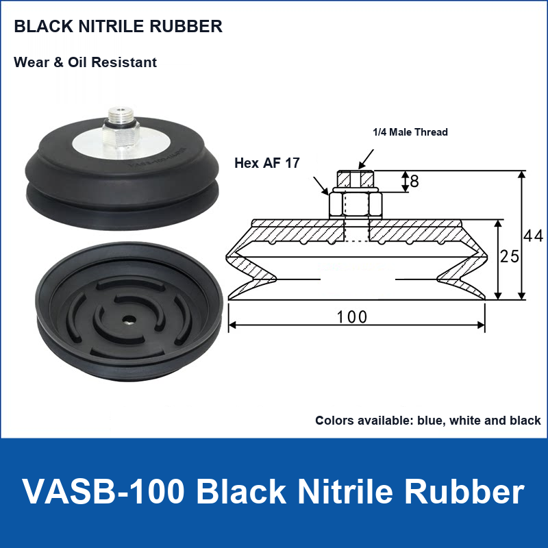 VASB-100 Black Nitrile Rubber vacuum suction cup with technical dimensions