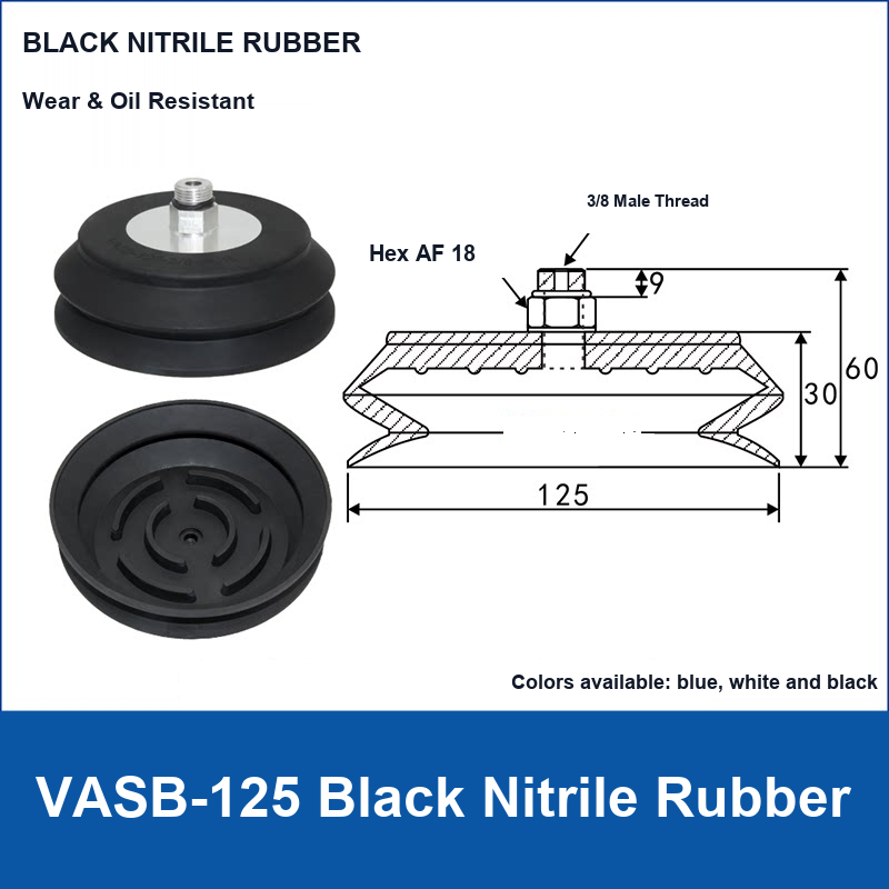 VASB-125 Black Nitrile Rubber vacuum suction cup with technical dimensions
