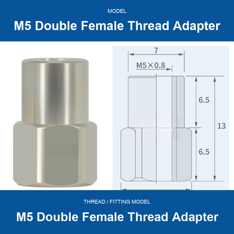 M5 Double Female Thread Adapter threaded vacuum cup mount fitting with product view and dimensional drawing