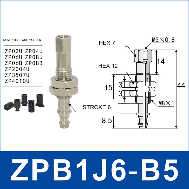 ZPB1J6-B5 industrial vacuum cup buffer mount or adapter with dimensional reference