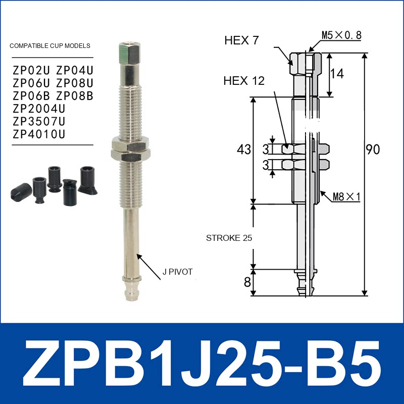 ZPB1J25-B5 industrial vacuum cup buffer mount or adapter with dimensional reference
