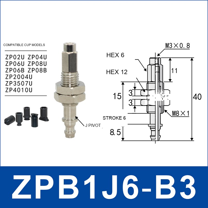 ZPB1J6-B3 industrial vacuum cup buffer mount or adapter with dimensional reference