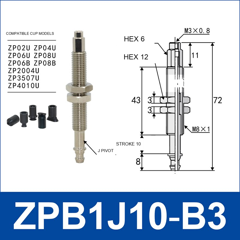 ZPB1J10-B3 industrial vacuum cup buffer mount or adapter with dimensional reference