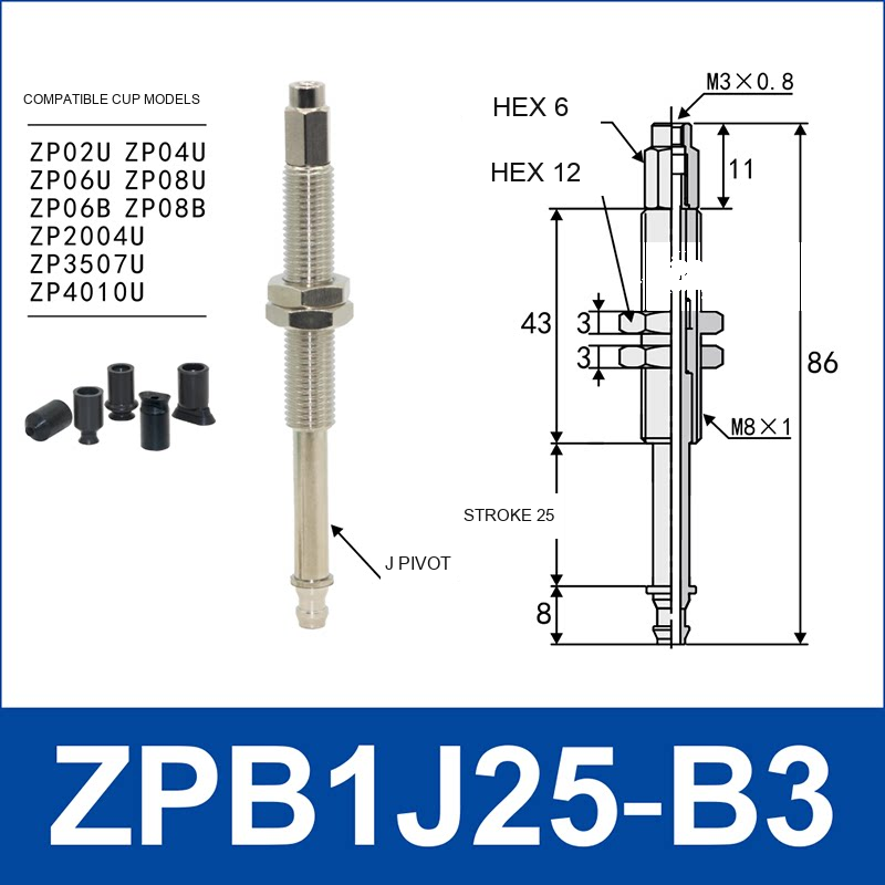 ZPB1J25-B3 industrial vacuum cup buffer mount or adapter with dimensional reference