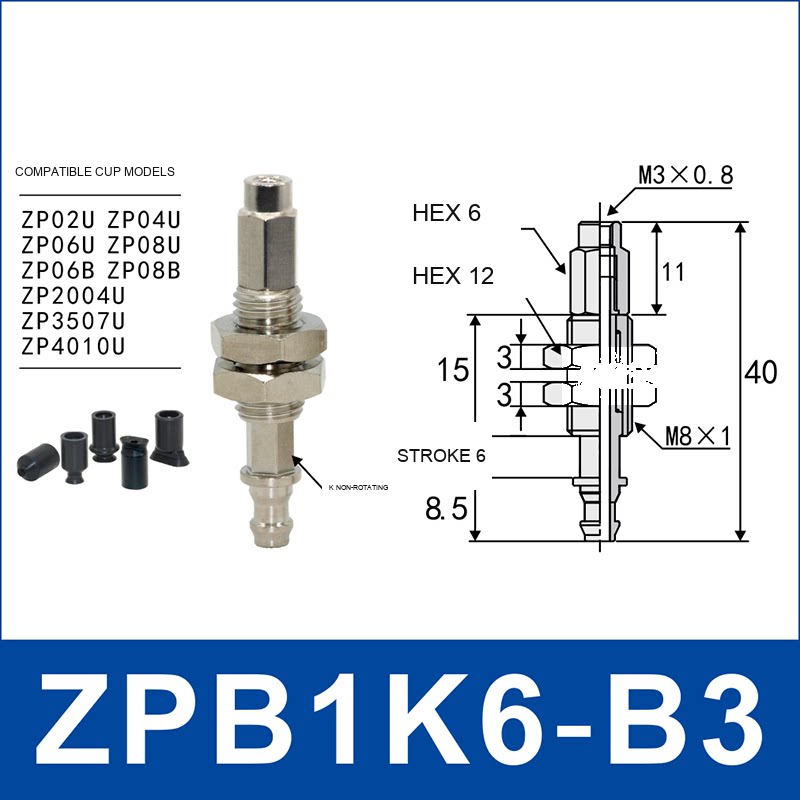 ZPB1K6-B3 industrial vacuum cup buffer mount or adapter with dimensional reference