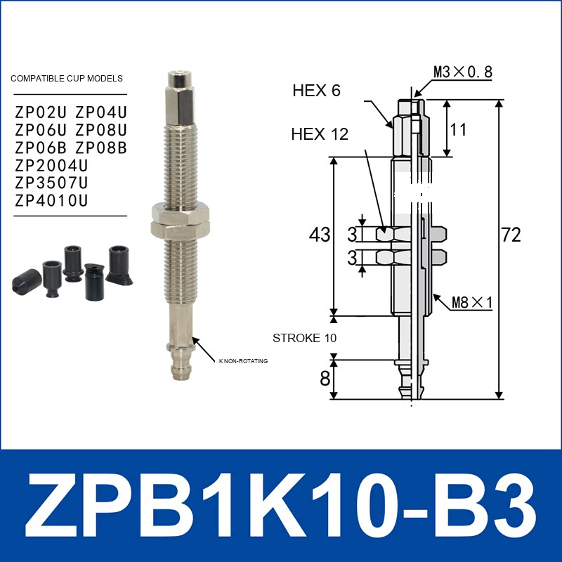 ZPB1K10-B3 industrial vacuum cup buffer mount or adapter with dimensional reference
