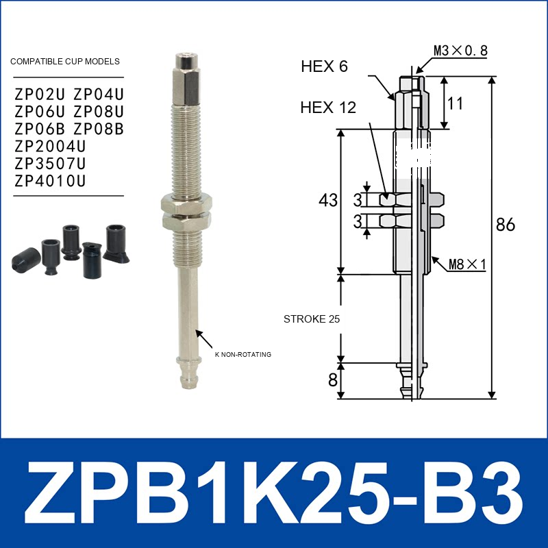 ZPB1K25-B3 industrial vacuum cup buffer mount or adapter with dimensional reference