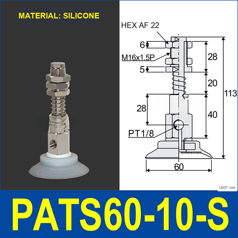 PATS-60-10-S Silicone PATS spring-buffered vacuum cup mount with dimensional drawing