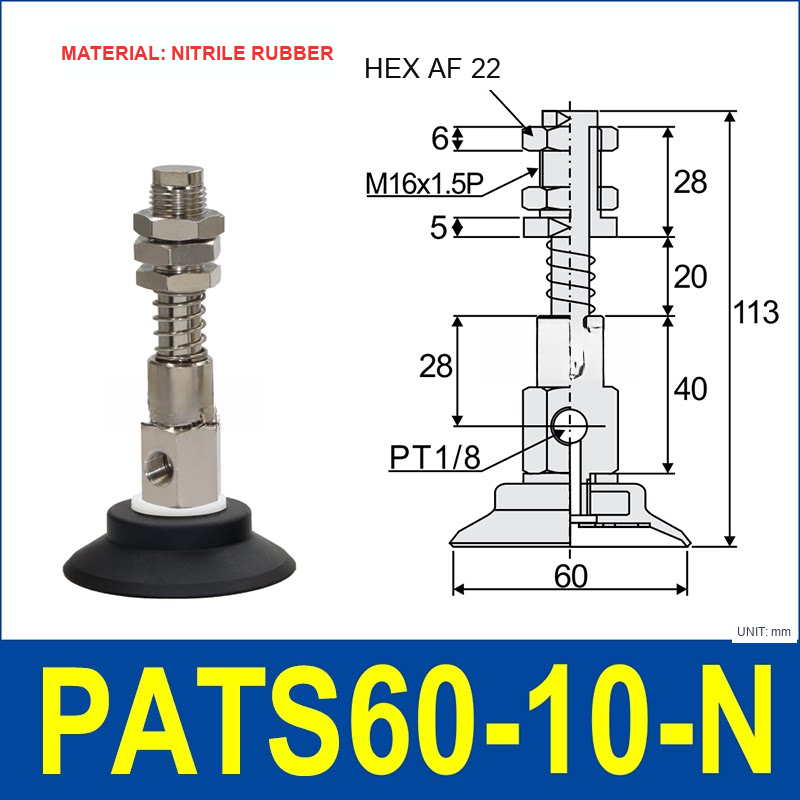 PATS-60-10-N Nitrile Rubber PATS spring-buffered vacuum cup mount with dimensional drawing