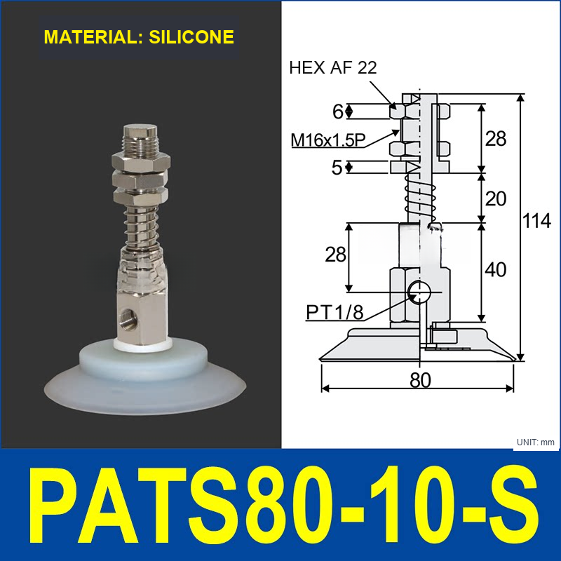 PATS-80-10-S Silicone PATS spring-buffered vacuum cup mount with dimensional drawing