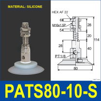 PATS-80-10-S Silicone PATS spring-buffered vacuum cup mount with dimensional drawing