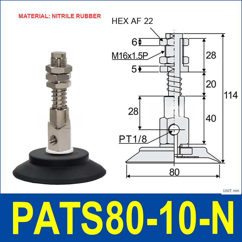 PATS-80-10-N Nitrile Rubber PATS spring-buffered vacuum cup mount with dimensional drawing