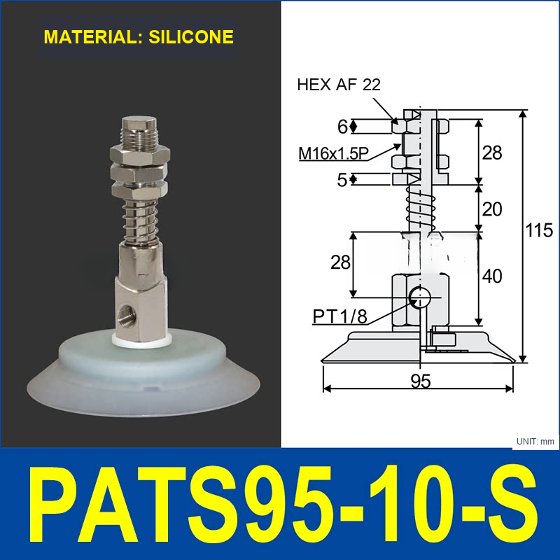 PATS-95-10-S Silicone PATS spring-buffered vacuum cup mount with dimensional drawing