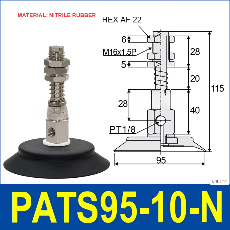 PATS-95-10-N Nitrile Rubber PATS spring-buffered vacuum cup mount with dimensional drawing