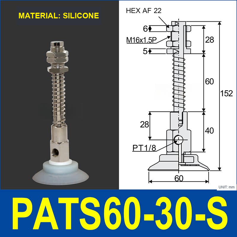 PATS-60-30-S Silicone PATS spring-buffered vacuum cup mount with dimensional drawing