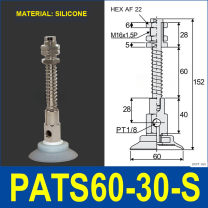 PATS-60-30-S Silicone PATS spring-buffered vacuum cup mount with dimensional drawing