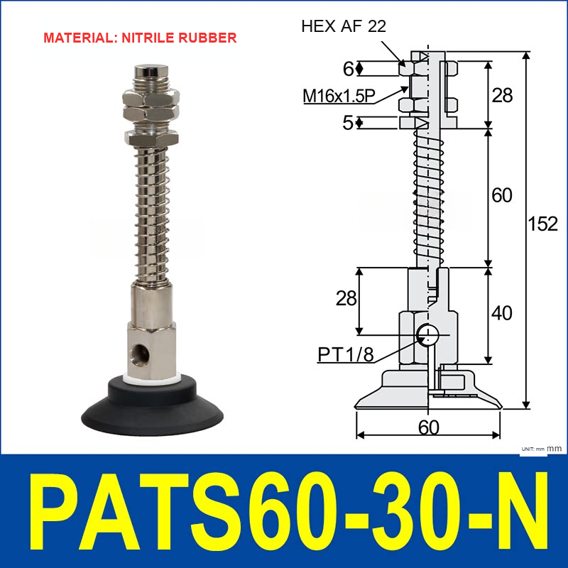 PATS-60-30-N Nitrile Rubber PATS spring-buffered vacuum cup mount with dimensional drawing