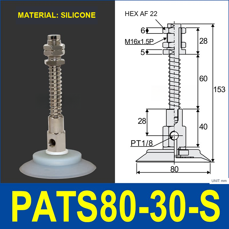 PATS-80-30-S Silicone PATS spring-buffered vacuum cup mount with dimensional drawing