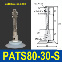 PATS-80-30-S Silicone PATS spring-buffered vacuum cup mount with dimensional drawing