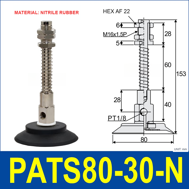 PATS-80-30-N Nitrile Rubber PATS spring-buffered vacuum cup mount with dimensional drawing