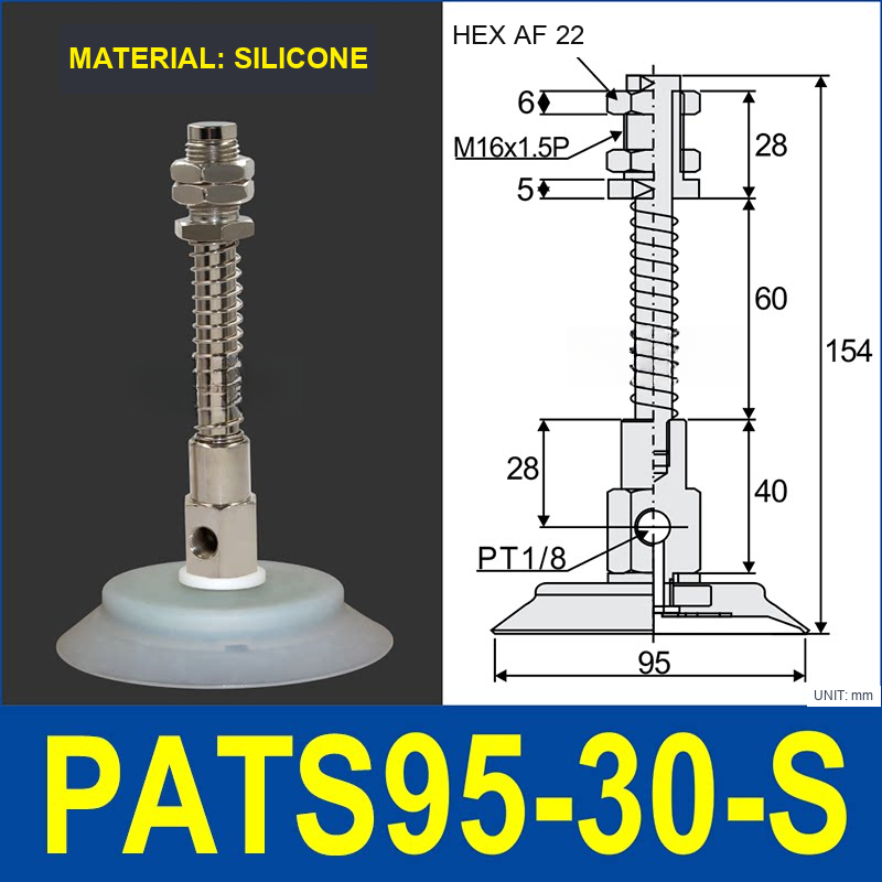 PATS-95-30-S Silicone PATS spring-buffered vacuum cup mount with dimensional drawing