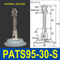 PATS-95-30-S Silicone PATS spring-buffered vacuum cup mount with dimensional drawing