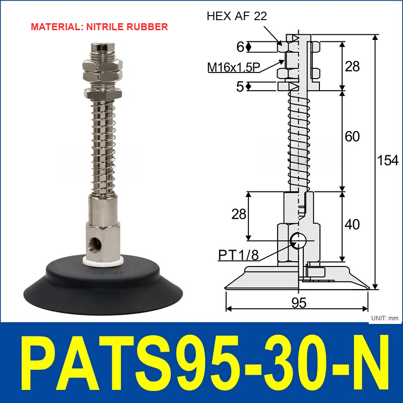 PATS-95-30-N Nitrile Rubber PATS spring-buffered vacuum cup mount with dimensional drawing