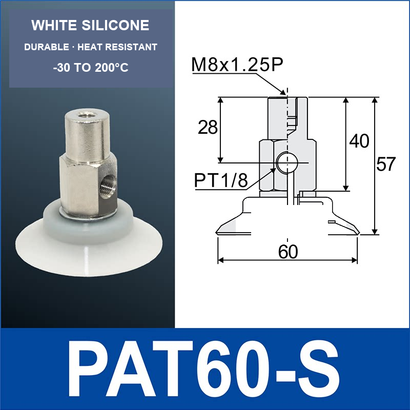 PAT60-S PAT side-port vacuum cup assembly with dimensional drawing