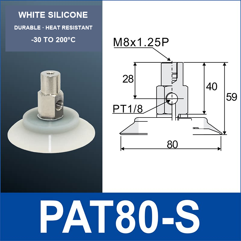 PAT80-S PAT side-port vacuum cup assembly with dimensional drawing