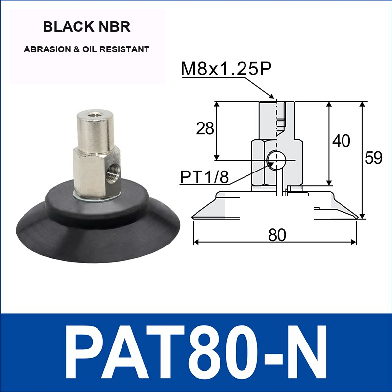 PAT80-N PAT side-port vacuum cup assembly with dimensional drawing