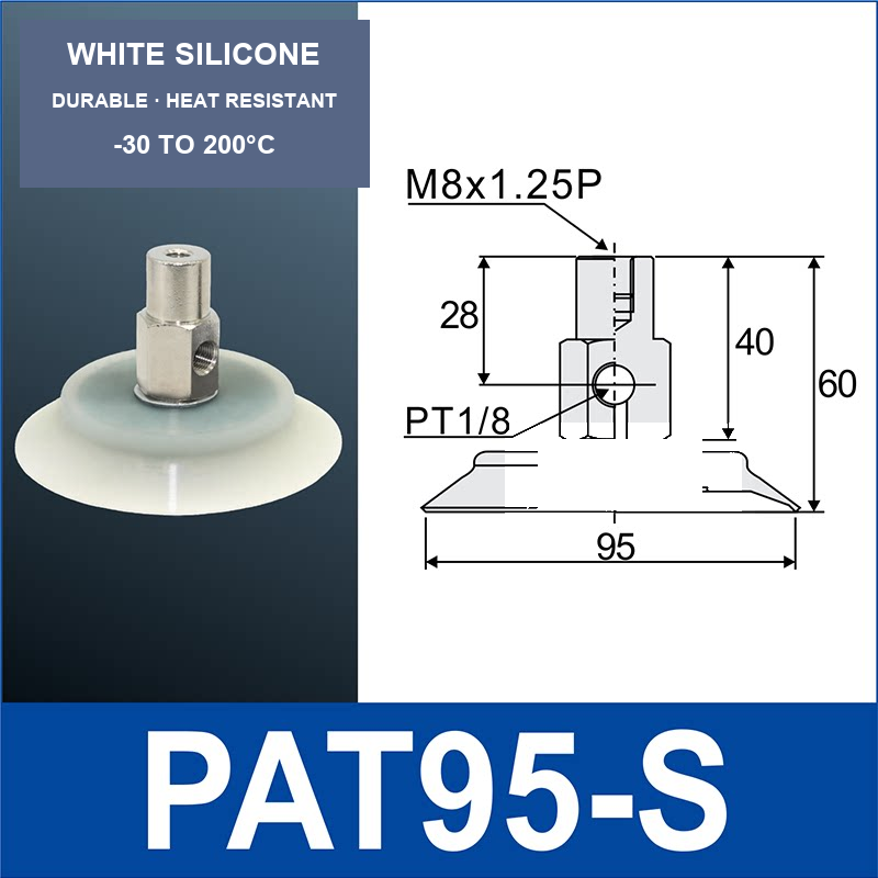 PAT95-S PAT side-port vacuum cup assembly with dimensional drawing