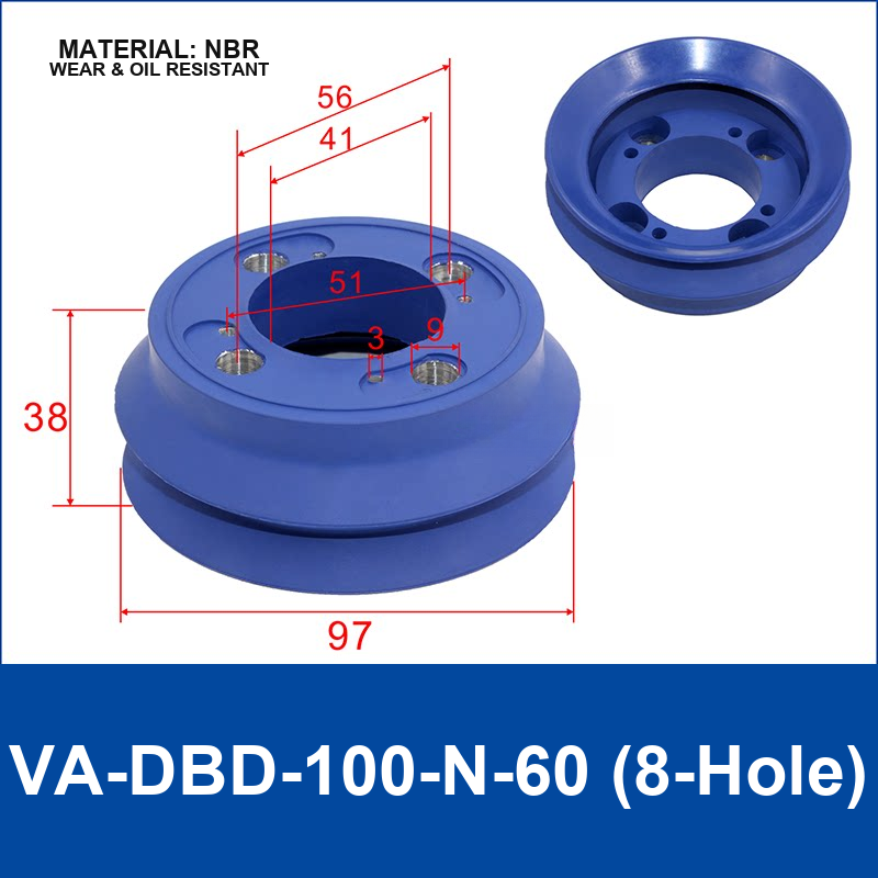 VA-DBD-100-N-60 (8-Hole) NBR vacuum cup, 8-hole configuration, with product view and dimensional drawing