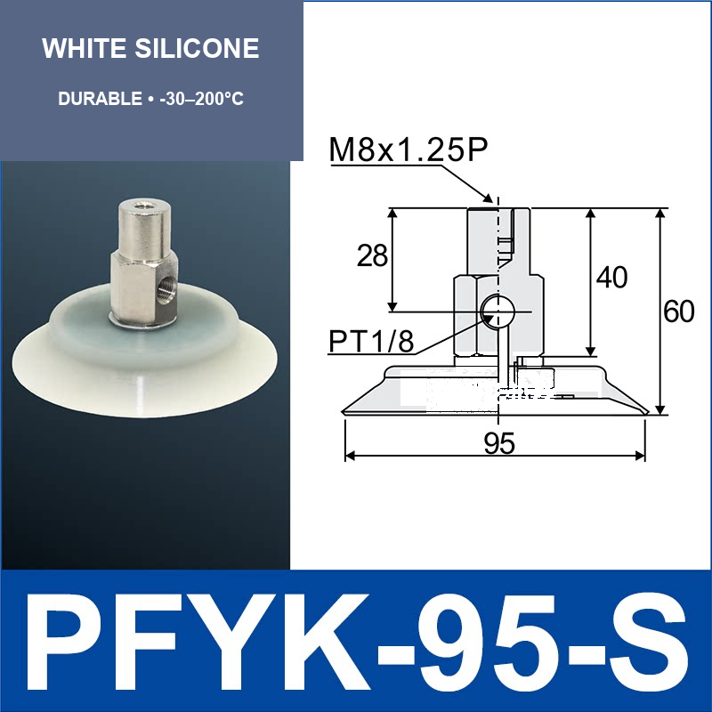 PFYK-95-S White Silicone PFYK side-port vacuum cup assembly with dimensional drawing