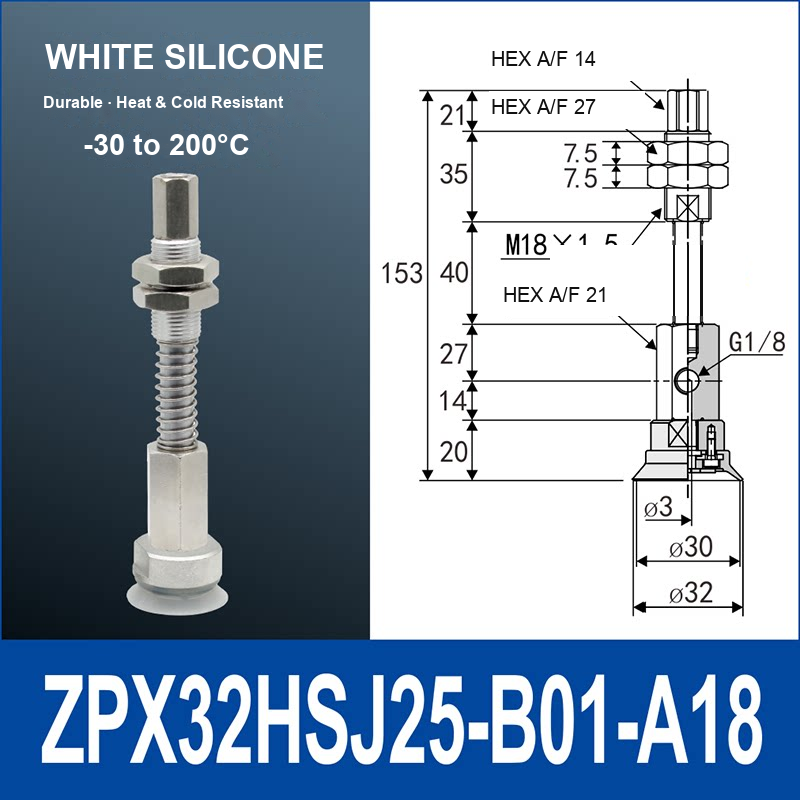 ZPX32HSJ25-B01-A18 heavy-duty single-layer vacuum cup with spring buffer mount, 32 mm diameter, 25 mm stroke, white silicone, with product view and dimensional drawing
