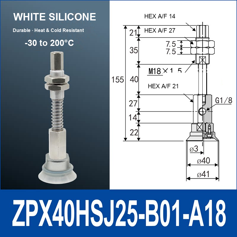ZPX40HSJ25-B01-A18 heavy-duty single-layer vacuum cup with spring buffer mount, 40 mm diameter, 25 mm stroke, white silicone, with product view and dimensional drawing