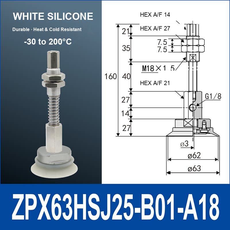 ZPX63HSJ25-B01-A18 heavy-duty single-layer vacuum cup with spring buffer mount, 63 mm diameter, 25 mm stroke, white silicone, with product view and dimensional drawing