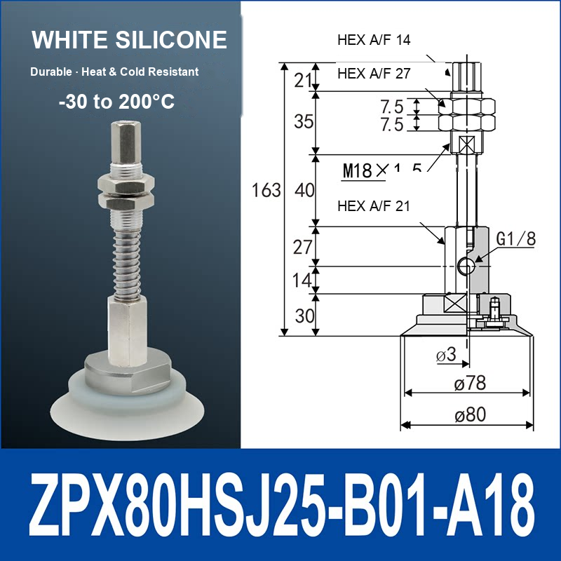 ZPX80HSJ25-B01-A18 heavy-duty single-layer vacuum cup with spring buffer mount, 80 mm diameter, 25 mm stroke, white silicone, with product view and dimensional drawing