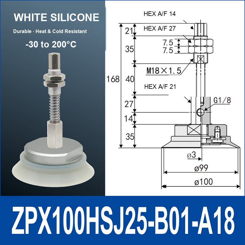 ZPX100HSJ25-B01-A18 heavy-duty single-layer vacuum cup with spring buffer mount, 100 mm diameter, 25 mm stroke, white silicone, with product view and dimensional drawing