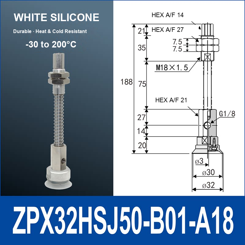 ZPX32HSJ50-B01-A18 heavy-duty single-layer vacuum cup with spring buffer mount, 32 mm diameter, 50 mm stroke, white silicone, with product view and dimensional drawing