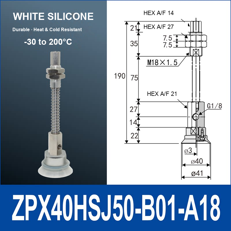 ZPX40HSJ50-B01-A18 heavy-duty single-layer vacuum cup with spring buffer mount, 40 mm diameter, 50 mm stroke, white silicone, with product view and dimensional drawing